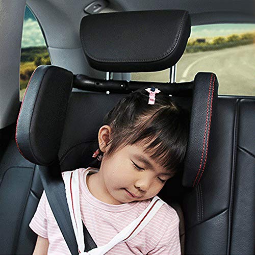 EASY EAGLE Reposacabezas Coche, Cuero Cojín Cuello Almohada Reposacabezas para Adultos y Niños, Negro (Talla S, Costuras Rojas)