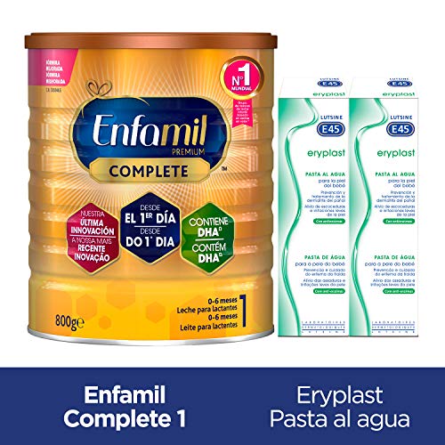 Enfamil Complete 1 Leche Infantil para Lactantes de 0 a 6 Meses de Edad, Fórmula Para Bebés Recién Nacidos - 800 gr + Eryplast Lutsine E45 Pasta al Agua Crema Pañal Bebé - 2 x 125 ml