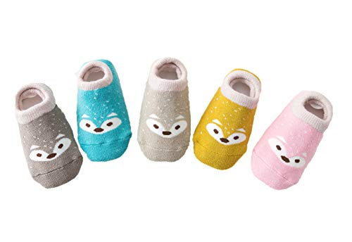 Estwell 5 Pares Calcetines Antideslizantes para Bebé Niños Infantil Niños Niñas Algodón Calentar Lindo Zorro Calcetines