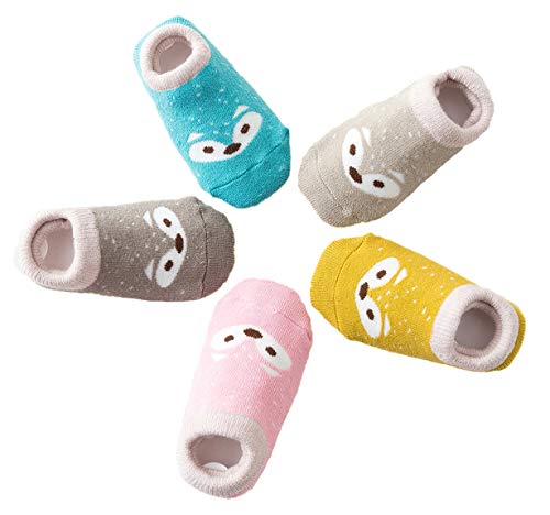 Estwell 5 Pares Calcetines Antideslizantes para Bebé Niños Infantil Niños Niñas Algodón Calentar Lindo Zorro Calcetines