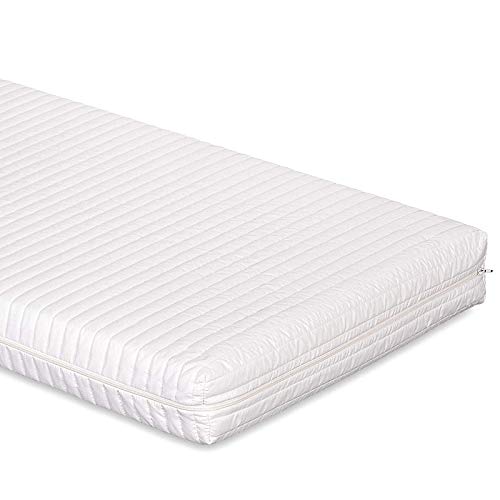 Evergreenweb - Colchón de cuna bebé talla 160x70 cm color blanco material transpirable y cremallera perimetral, Espuma acolchada Descanso bebé Altura 10 cm con almohada antiasfixia gratis - Symba