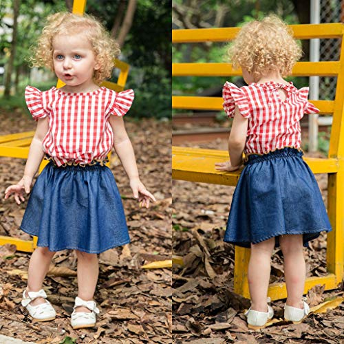 Fossen 6 Meses a 4 años Ropa Bebe Niña Verano - Camiseta con Volantes a Cuadros y Falda de Vaquera (18-24 Meses, Rojo)