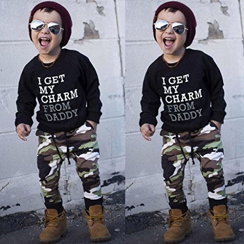 Fossen Ropa Niños Invierno otoño 2018, 6 Meses a 6 años Mangas largas Camiseta con Letras Tops + Pantalones de Camuflaje (3 años, Negro)