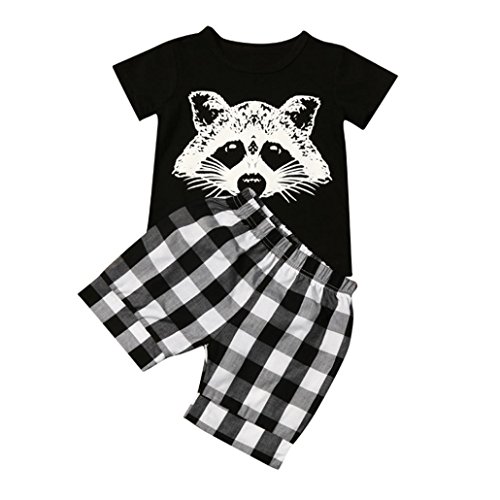 Fossen Verano Ropa Bebe Niño Fox T Shirt Tops y Pantalones Cortos de Cuadros (3 años, Negro)