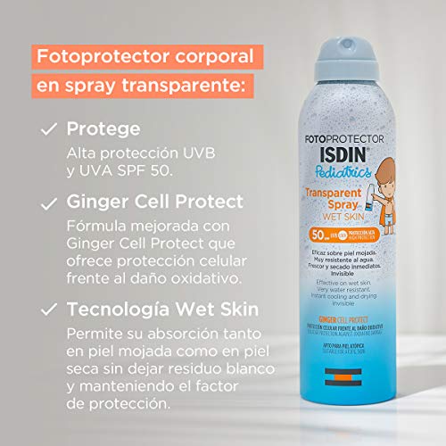 Fotoprotector ISDIN Pediatrics Transparent spray Wet Skin SPF 50 - Protector solar corporal para niños, invisible, ligero, para piel mojada, 250 ml