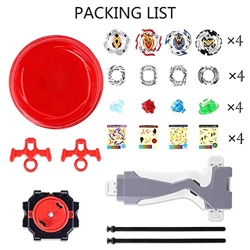 Funmo Beyblade Burst Peonzas, 4 Pcs Conjuntos de Metal de Gyro 4D Peonzas Gyro Lucha Maestro Cadena Launcher con Estadio Infinity Nado Básico Duelos Conjuntos Regalo para Niños