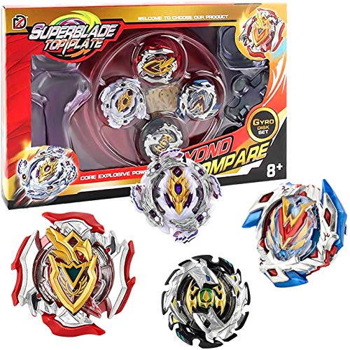 Funmo Beyblade Burst Peonzas, 4 Pcs Conjuntos de Metal de Gyro 4D Peonzas Gyro Lucha Maestro Cadena Launcher con Estadio Infinity Nado Básico Duelos Conjuntos Regalo para Niños