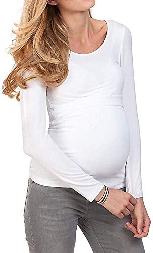 GND - Ropa de maternidad para mujer, manga larga con cuello redondo grande, lactancia base para cuatro estaciones - Blanco - Medium