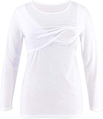 GND - Ropa de maternidad para mujer, manga larga con cuello redondo grande, lactancia base para cuatro estaciones - Blanco - Medium