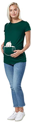 Happy Mama. para Mujer Camiseta premamá T-Shirt Estampado bebé en Bolsillo. 501p (Verde Oscuro, 40-42, L)