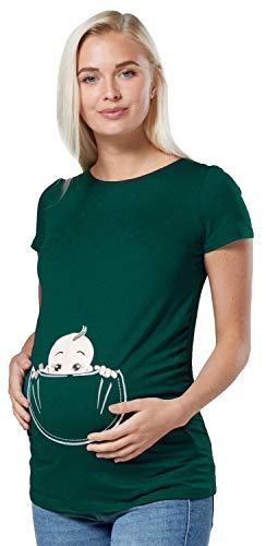 Happy Mama. para Mujer Camiseta premamá T-Shirt Estampado bebé en Bolsillo. 501p (Verde Oscuro, 40-42, L)