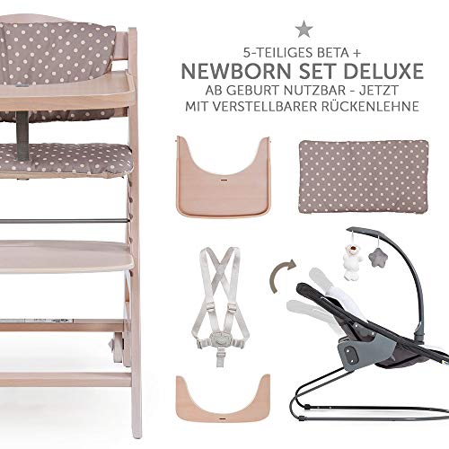 Hauck Beta Plus Newborn Set Deluxe - Trona evolutiva con Hamaca reclinable y móvil, cojín y bandeja - Trona bebe convertible- Silla Trona Madera haya - White Washed/Dots