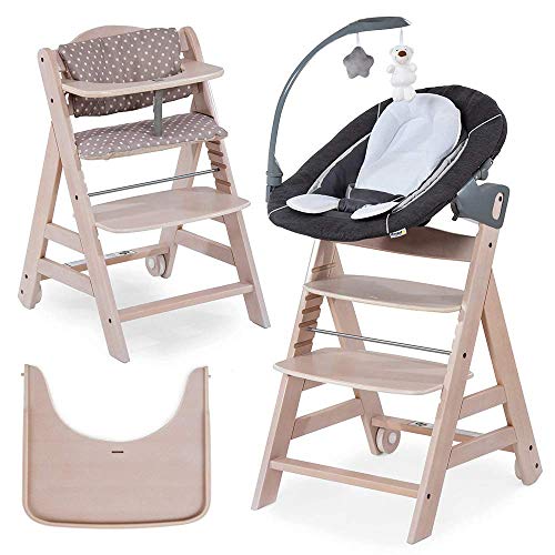 Hauck Beta Plus Newborn Set Deluxe - Trona evolutiva con Hamaca reclinable y móvil, cojín y bandeja - Trona bebe convertible- Silla Trona Madera haya - White Washed/Dots