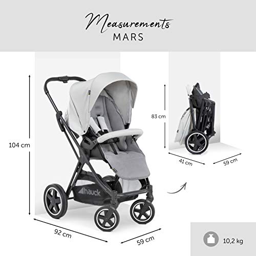 Hauck Mars - Silla deportiva con cubrepies para bebés, asiento giratorio, cesta grande, plegable de forma compacta, compatible con capazo, capota 3XL, grupo 0+ hasta 25 kg, Gris