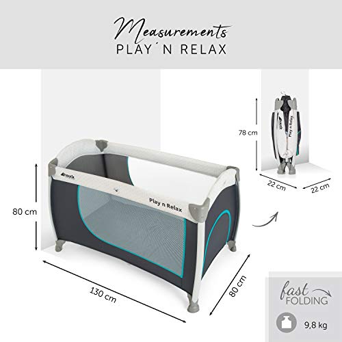 Hauck Play‘n Relax - Cuna de viaje 4 piezas 120 x 66  cm, 0 meses a 15 kg, con ruedas, colchoncito, bolsa de transporte, apertura lateral, plegable, fácil de transportar, ligera y estable, hearts gris