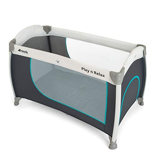 Hauck Play‘n Relax - Cuna de viaje 4 piezas 120 x 66  cm, 0 meses a 15 kg, con ruedas, colchoncito, bolsa de transporte, apertura lateral, plegable, fácil de transportar, ligera y estable, hearts gris