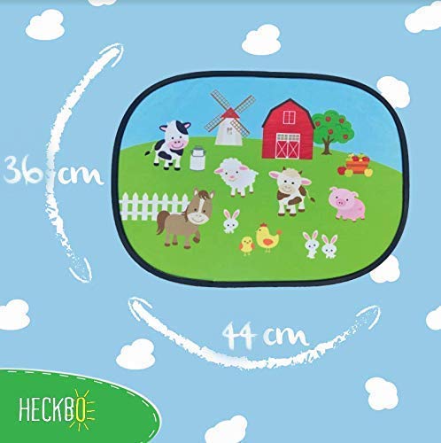 HECKBO® Parasol Autoadhesivo para Coche - protección Solar para niños (2 Piezas) | Granja con animales | 44x36cm | protección solar para ventanillas de coche | con Bolsa Incl