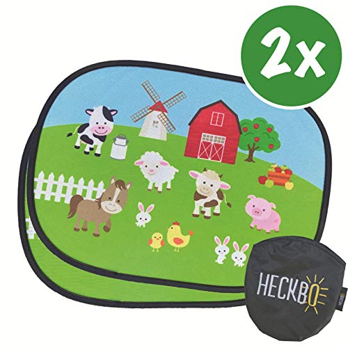 HECKBO® Parasol Autoadhesivo para Coche - protección Solar para niños (2 Piezas) | Granja con animales | 44x36cm | protección solar para ventanillas de coche | con Bolsa Incl