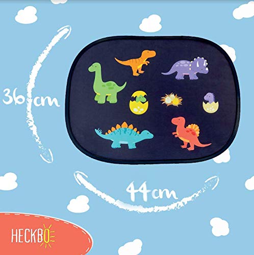 HECKBO® Parasol Autoadhesivo para Coche - protección Solar para niños (2 Piezas) | Motivo: Dinosaurio | protección Solar para ventanillas de Coche | 44x36cm | Parasol para Coche con Bolsa Incl