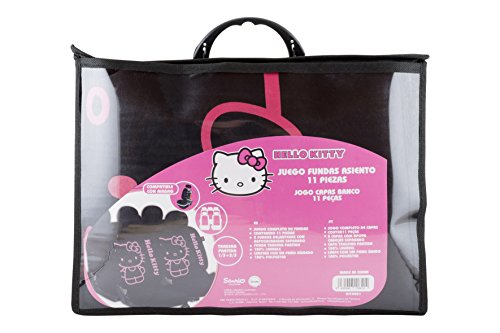 Hello Kitty KIT3021 Juego de Fundas para Asiento Coche 11 Piezas Color Negro/Rosa. Trasera Partida