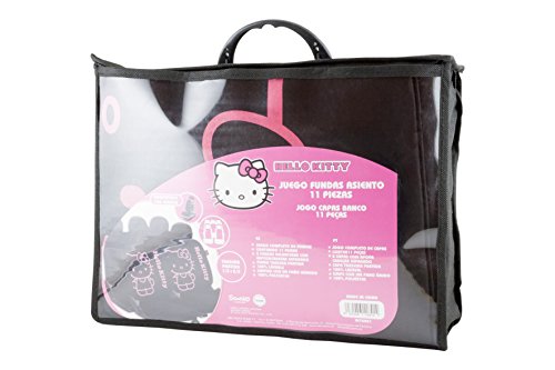 Hello Kitty KIT3021 Juego de Fundas para Asiento Coche 11 Piezas Color Negro/Rosa. Trasera Partida