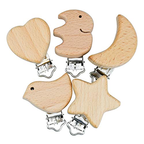 Hentek 5Pcs Pinza Chupetero Madera, Clip Chupete Bebe, Bebé Accesorio