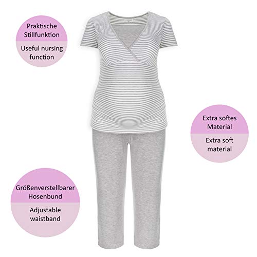 Herzmutter Pijama Corto para Embarazadas - Pijamas de enfermería - Pijama de Maternidad - Encaje-Rayas-Motivo - 2600 (M, Blanco/Gris)