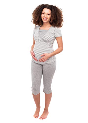 Herzmutter Pijama Corto para Embarazadas - Pijamas de enfermería - Pijama de Maternidad - Encaje-Rayas-Motivo - 2600 (M, Blanco/Gris)