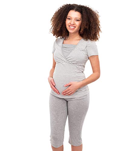 Herzmutter Pijama Corto para Embarazadas - Pijamas de enfermería - Pijama de Maternidad - Encaje-Rayas-Motivo - 2600 (M, Blanco/Gris)