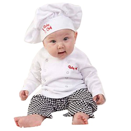 IEFIEL Conjuntos Disfraces de Cocinero Fiesta Bautizo para Bebé Niña Niño Camiseta + Pantalones + Gorro Infantil Blanco 6-12 Meses