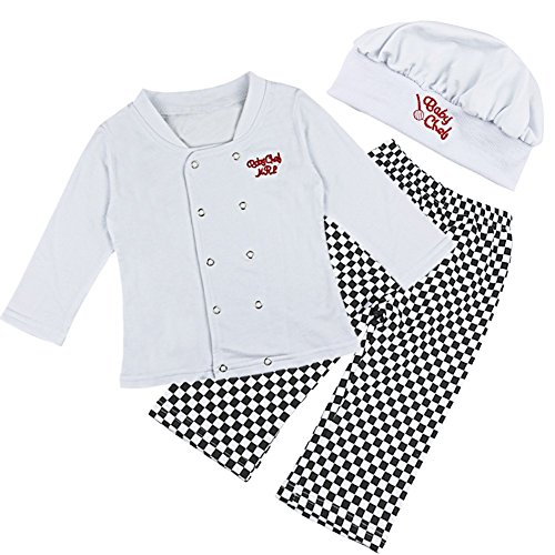 IEFIEL Conjuntos Disfraces de Cocinero Fiesta Bautizo para Bebé Niña Niño Camiseta + Pantalones + Gorro Infantil Blanco 6-12 Meses