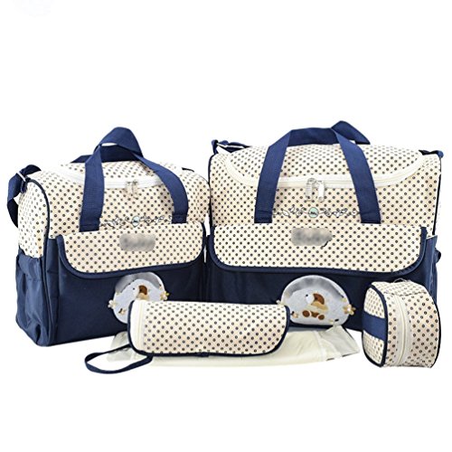 Jitong Set de 5 Piezas Bolsos Cambiadores/Bordado Mamá Bolsa de Hombro/Pañales Cambio Bebé/Bolsa Termica para Biberones (Marino, Talla única)