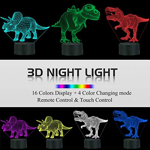 Juego de dinosaurios, 3 unidades, luz nocturna 3D, 16 colores cambiantes, luces nocturnas para niños con mando a distancia, regalo de cumpleaños T Rex para niños a partir de 2 años, 3 4 5 6 años