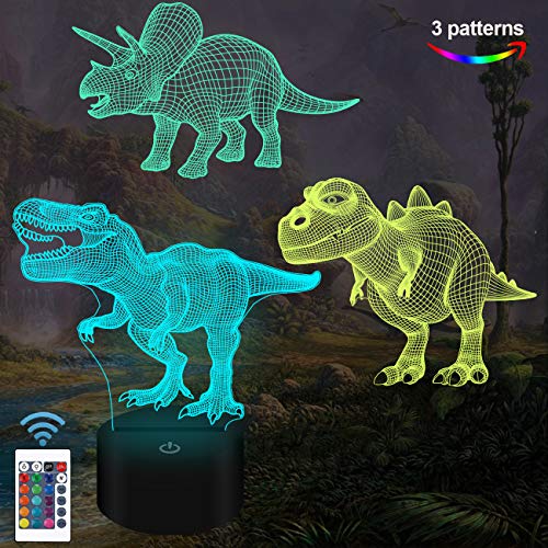 Juego de dinosaurios, 3 unidades, luz nocturna 3D, 16 colores cambiantes, luces nocturnas para niños con mando a distancia, regalo de cumpleaños T Rex para niños a partir de 2 años, 3 4 5 6 años