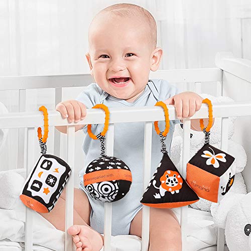 Juguetes para bebés 0 3 6 12 meses Sonajero colgante Sillita de paseo Cochecito en blanco y negro cuna Clips para cochecitos niños pequeños para cama infantil Fiesta de cumpleaños de un año (4 pcs)