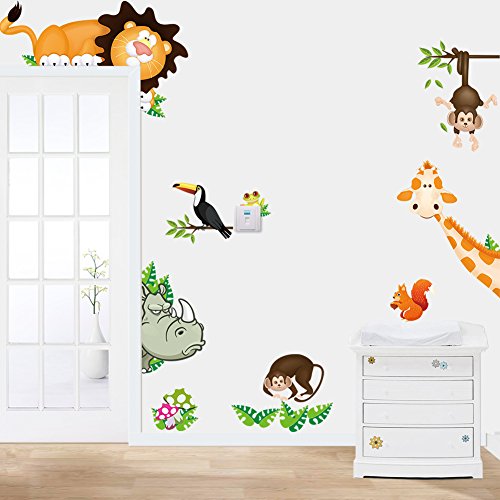 Jungle Bosque animales mono, ardilla y búho Balancín parte en hojas multicolor algodón pared adhesivo decorativo para pared CD001