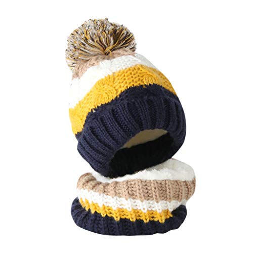 K-Youth Sombrero de Punto Niños y Bufanda con Forro de Lana Conjuntos Navidad Rayas Gorro Niña Beanie Gorras Bebé Recién Nacido Sombreros Bebe Niño Invierno Gorrito Niñas Nieve (Armada)