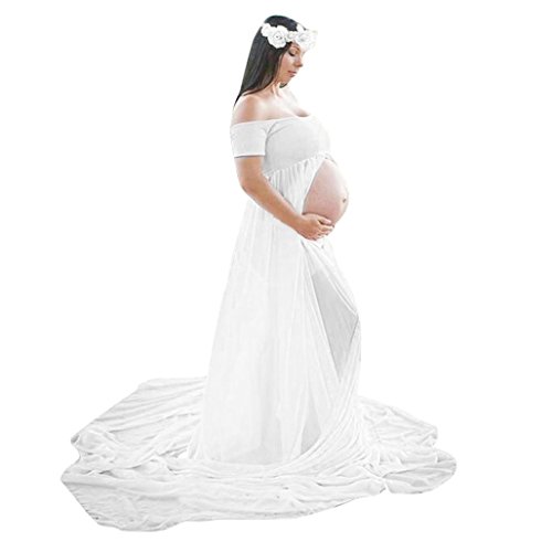 K-youth® Vestidos Mujer Fiesta Largos Boda Mujer Embarazada Encaje Sin Tirantes Vestido de Maternidad Foto Shoot Dress Faldas Fotográficas de Maternidad Apoyos De Fotografía (Blanco, S)