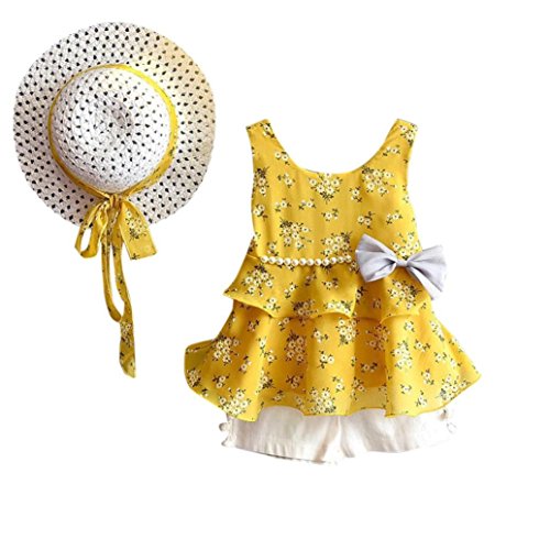 K-youth Vestidos Niñas, 3pcs Sin Mangas Tutú Vestidos Bebe Niña Trajes Ropa Chaleco Floral Camiseta + Pantalones + Sombrero De Sol Conjunto (Amarillo, 1-2 años)