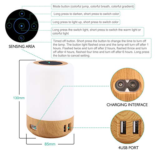 Lámpara de mesa USB, Lámpara escritorio led, luz nocturna infantil, cargador usb multiple, 4 puertos de carga USB, luz blanca cálida regulable de 3 niveles y siete colores que cambian RGB(EU plug)