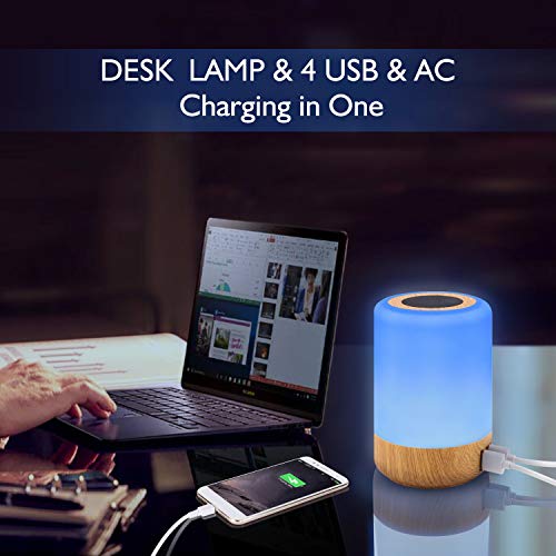 Lámpara de mesa USB, Lámpara escritorio led, luz nocturna infantil, cargador usb multiple, 4 puertos de carga USB, luz blanca cálida regulable de 3 niveles y siete colores que cambian RGB(EU plug)