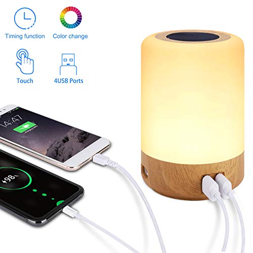 Lámpara de mesa USB, Lámpara escritorio led, luz nocturna infantil, cargador usb multiple, 4 puertos de carga USB, luz blanca cálida regulable de 3 niveles y siete colores que cambian RGB(EU plug)