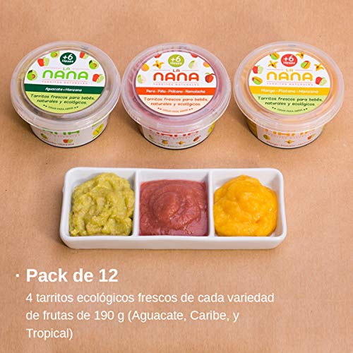 LANANA- Pack Frutas - 12 tarritos ecológicos frescos 4 de cada variedad de frutas de 190 g (Aguacate, Caribe, y Tropical)