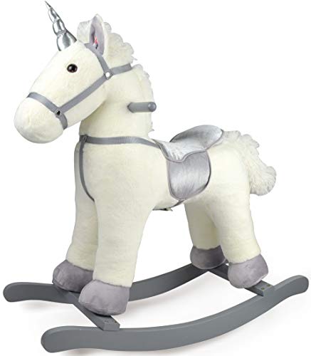 Leomark Mecedora Infantil Caballo - Romeo - Balancín de Juguete con Sonidos, Peluche para Niños Bebé, Unicornio con Cuerno Plata, Alto: 76 cm (Silver)