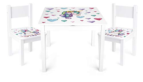 Leomark Mesa y sillas de Madera para niños, 1 Mesa y 2 Silas, Mesas y sillas Infantiles de Madera, Juego de Muebles Infantiles, para Cuarto de los niños, Motivo: Unicornio, Altura: 49 cm