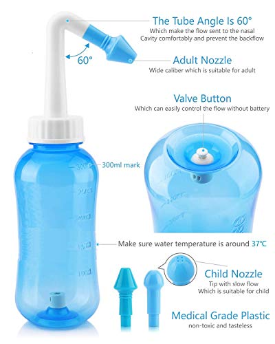 Limpiador Nasal - 300ml lavado nasal botella con 40 paquetes de sal, Lavado Nasal Irrigación Nasal Para Adultos & Niños