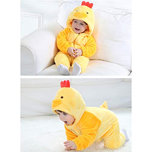 LSERVER Mameluco de Cosplay para Bebés Recién Nacidos Ropa de Arrastre Disfraz Unisexo de Franela con Capucha Estilo Animales, Pollito, 80 (Altura Recomendada:66-73cm)