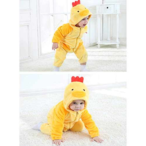 LSERVER Mameluco de Cosplay para Bebés Recién Nacidos Ropa de Arrastre Disfraz Unisexo de Franela con Capucha Estilo Animales, Pollito, 80 (Altura Recomendada:66-73cm)