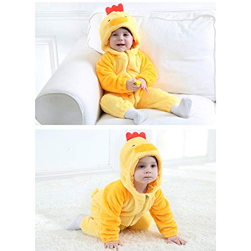 LSERVER Mameluco de Cosplay para Bebés Recién Nacidos Ropa de Arrastre Disfraz Unisexo de Franela con Capucha Estilo Animales, Pollito, 80 (Altura Recomendada:66-73cm)