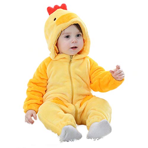 LSERVER Mameluco de Cosplay para Bebés Recién Nacidos Ropa de Arrastre Disfraz Unisexo de Franela con Capucha Estilo Animales, Pollito, 80 (Altura Recomendada:66-73cm)